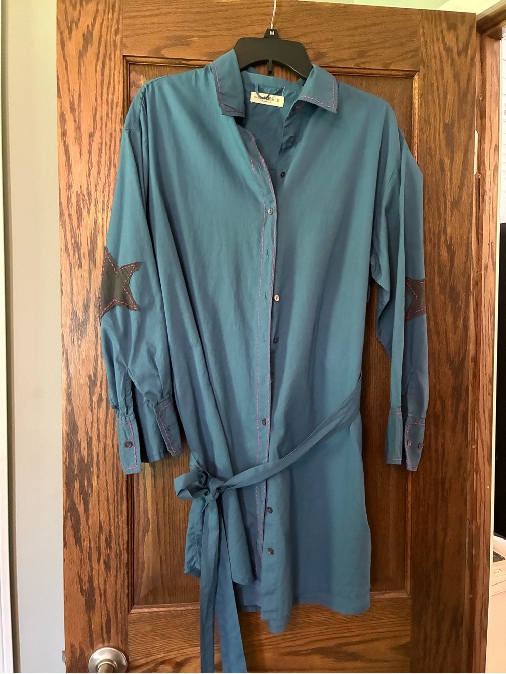 NATURAL LIFE Teal Button-Front Tunic with Star Elbow Accents and Waist Tie
